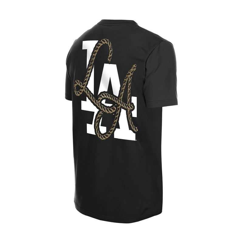 Men's black T-shirt back view with large LA monogram rope graphic