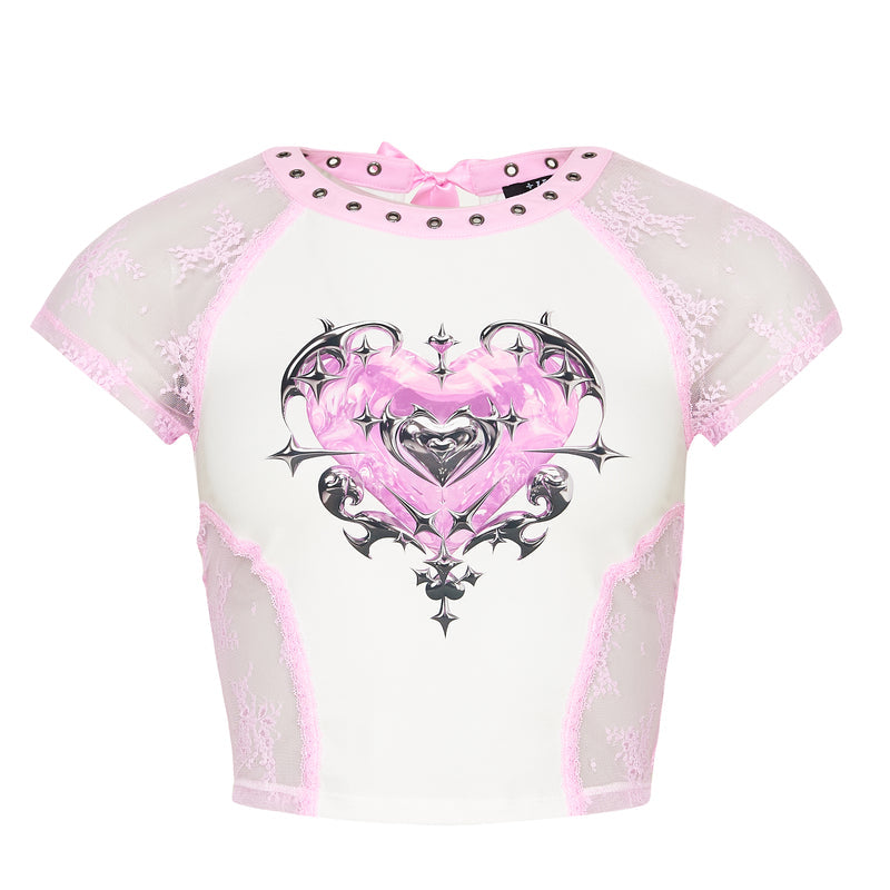 White crop top with pink accents and a decorative heart design on a white background