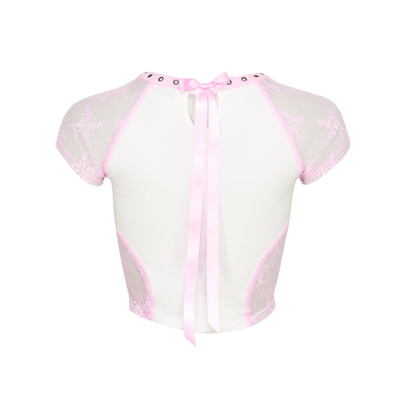 White crop top with pink trim on a white background