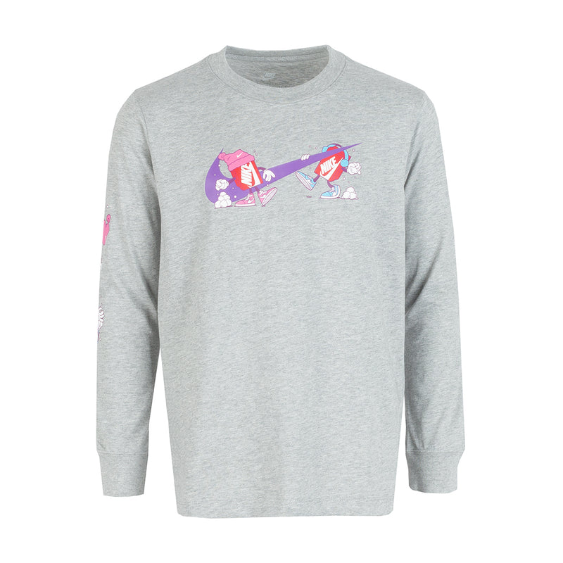 Youth long-sleeve boxy tee, heather gray, front graphic print