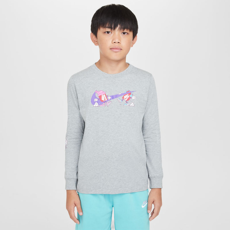 Youth long-sleeve boxy tee, heather gray, crew neck, front graphic print