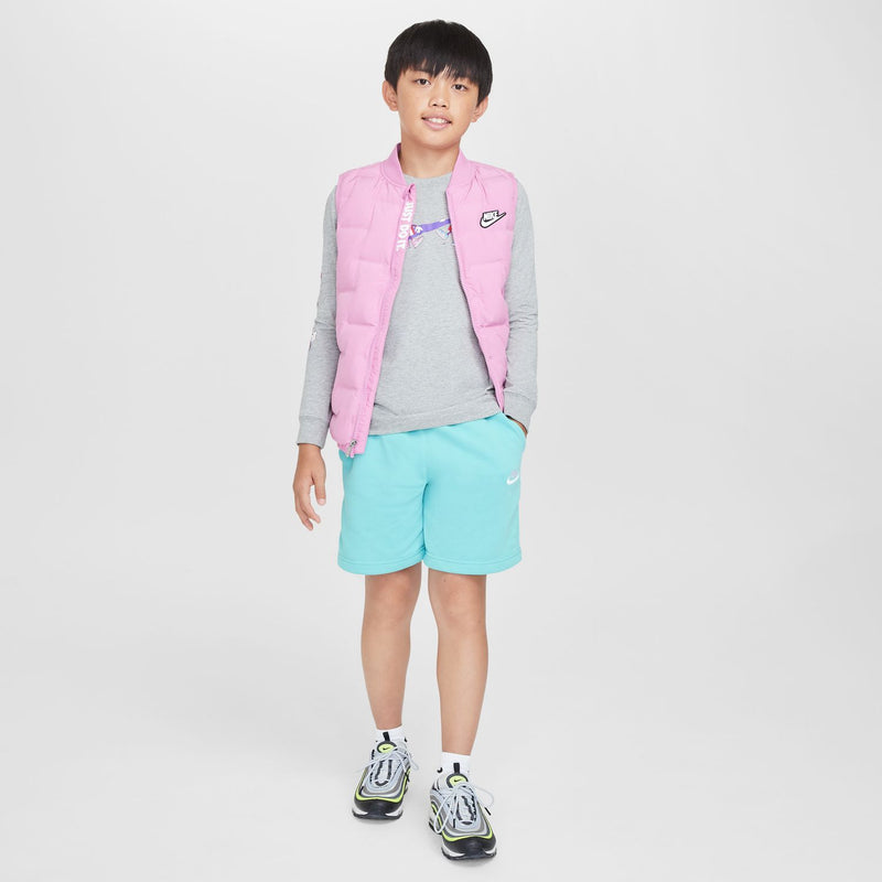 Youth long-sleeve boxy tee, heather gray, front graphic print