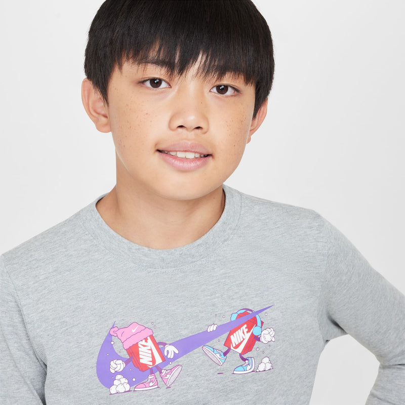 Youth long-sleeve boxy tee, heather gray, close-up front graphic and crew neckline