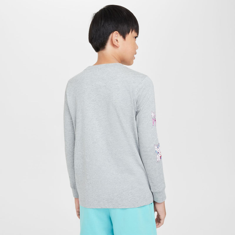 Youth long-sleeve boxy tee, heather gray, back view with small sleeve graphic
