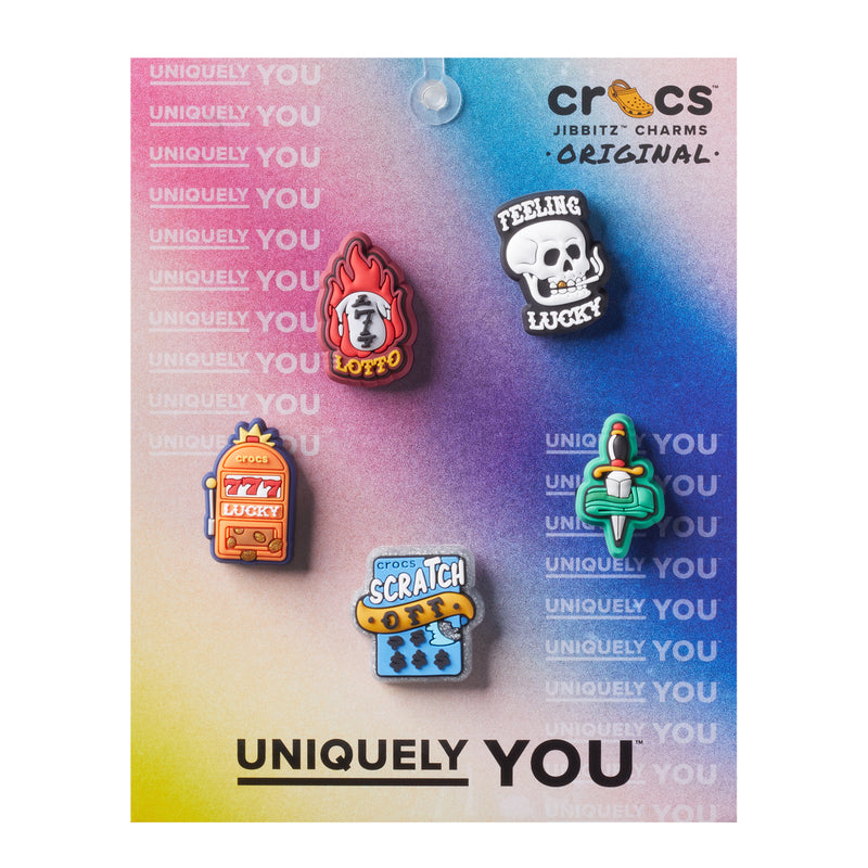 Set of five colorful jibbitz charms with lotto-themed and other icons