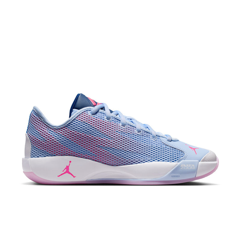 Men's blue and pink mesh low-top sneakers with lace-up front and rubber sole
