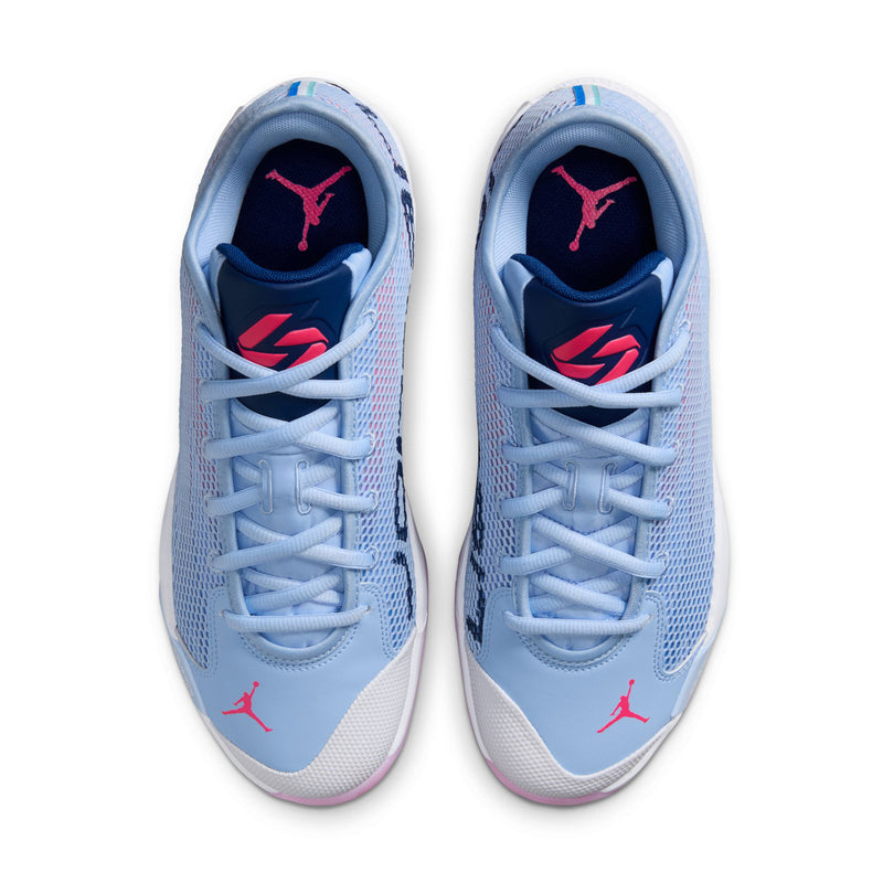 Pair of men's blue sneakers with white midsoles, lace-up design, and Jordan logos