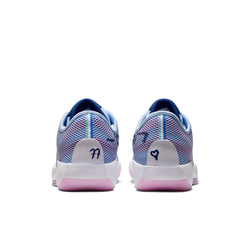 Men's blue mesh sneakers rear view with white heel tab and pink outsole trim