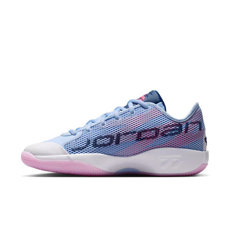 Men's blue and pink knit-style sneakers with bold side lettering and white sole