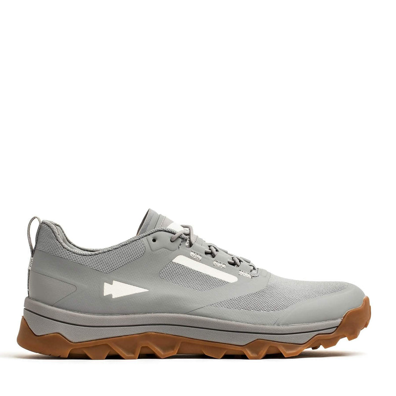 GORUCK grey rucking shoe with rugged brown sole, side view on white background