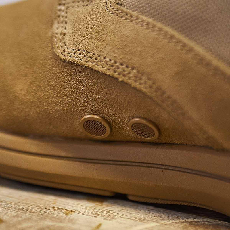 GORUCK coyote brown rucking boot drainage vent detail on rugged outsole