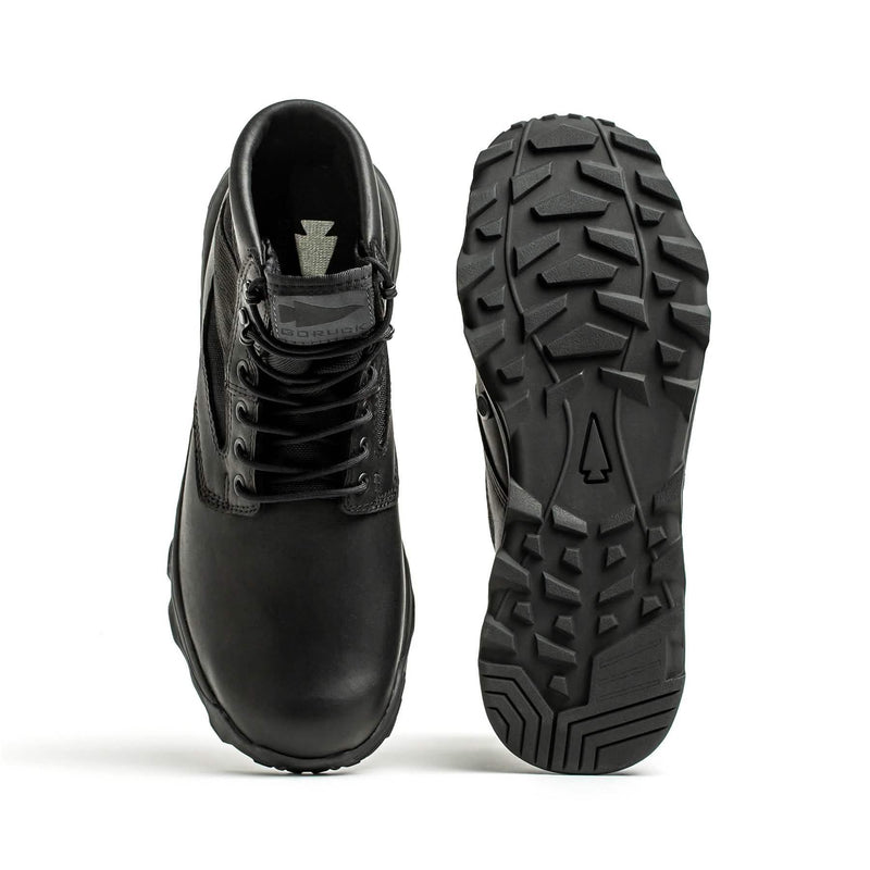 GORUCK black rucking boots with rugged tread, durable leather and nylon design, front and sole view