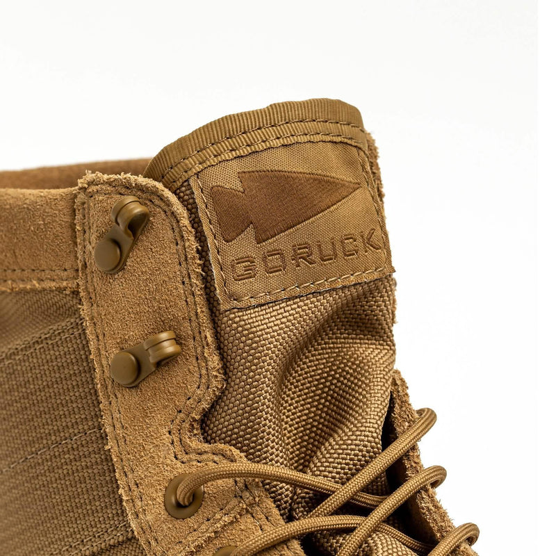 GORUCK tan rucking boot close-up, rugged nylon and suede with branded patch