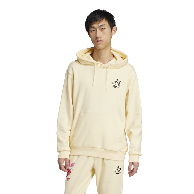 Warm vanilla men’s hoodie with cartoon chest graphic, drawstring hood