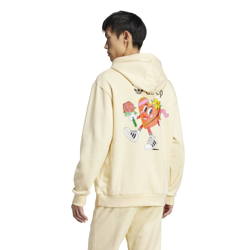 Warm vanilla hoodie with colorful back graphic and drawstring hood