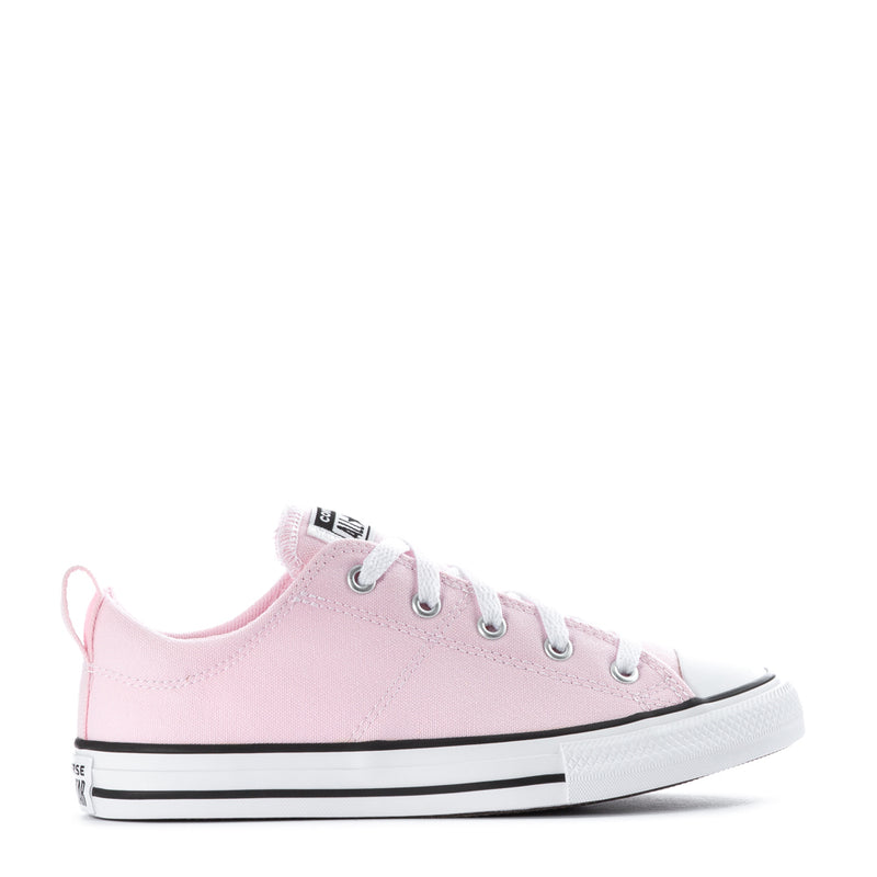 Kids pink canvas sneakers, lace-up with black rubber toe and white sole
