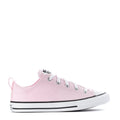 Kids pink canvas sneakers, lace-up with black rubber toe and white sole