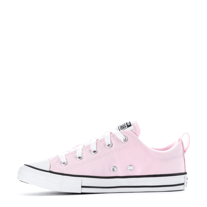 Kids pink canvas low-top sneakers, lace-up, white sole and black side stripe
