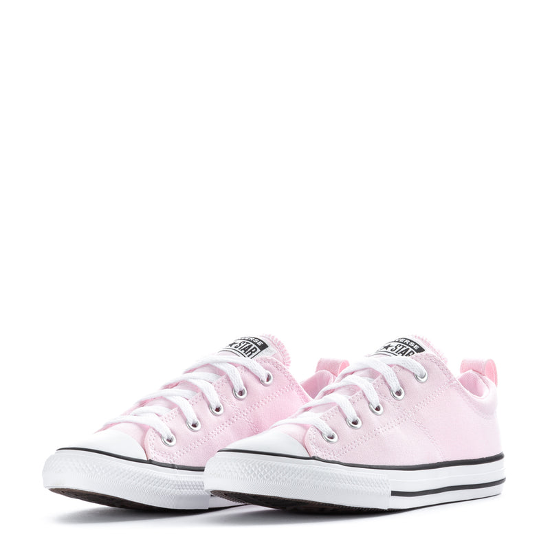 Kids pink canvas sneakers, front view pair with white rubber sole and lace eyelets