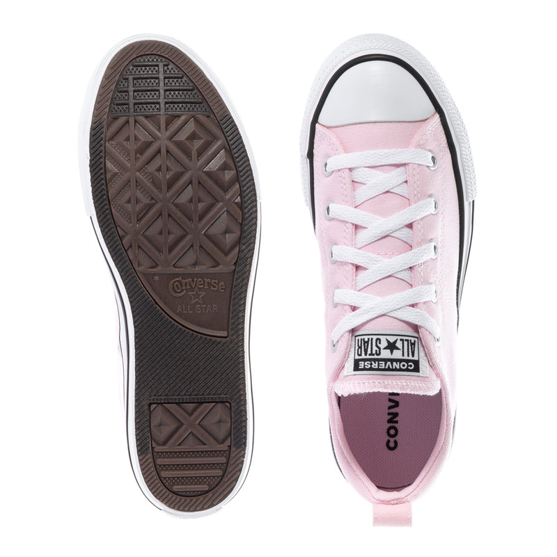 Kids pink Converse sneakers, outsole tread shown on one shoe bottom view