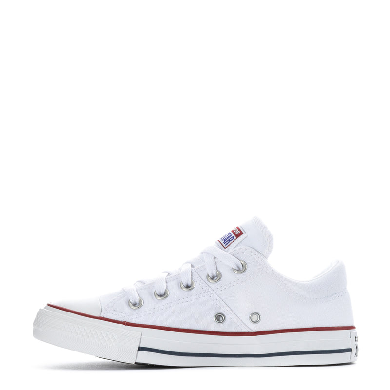 Women's white low-top lace-up sneakers, side view with rubber toe cap