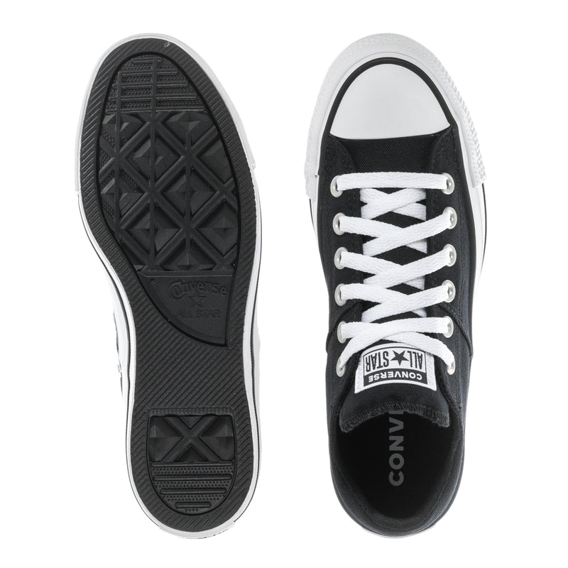 Black low-top sneaker outsole and side profile with white midsole and laces