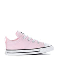 Pink toddler low-top sneakers with white laces and black-striped rubber sole
