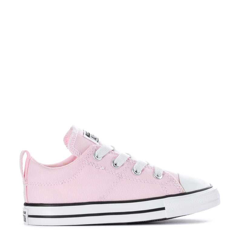 Pink toddler low-top sneakers with white laces and black-striped rubber sole