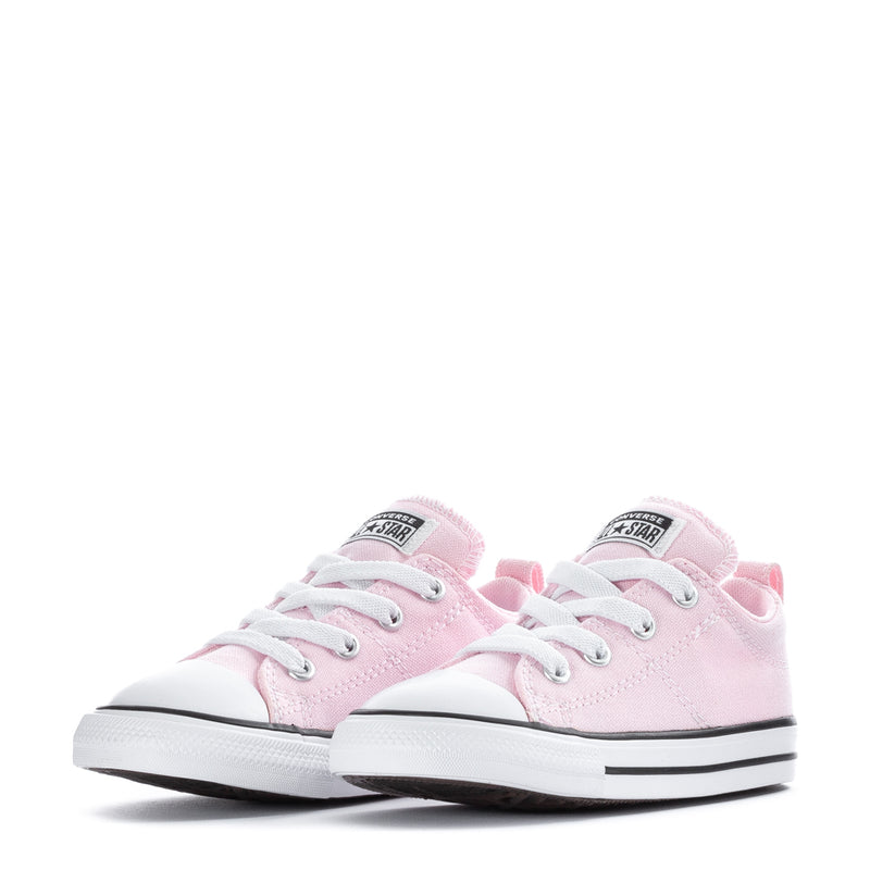 Pair of pink toddler low-top sneakers with white laces and rubber toe caps