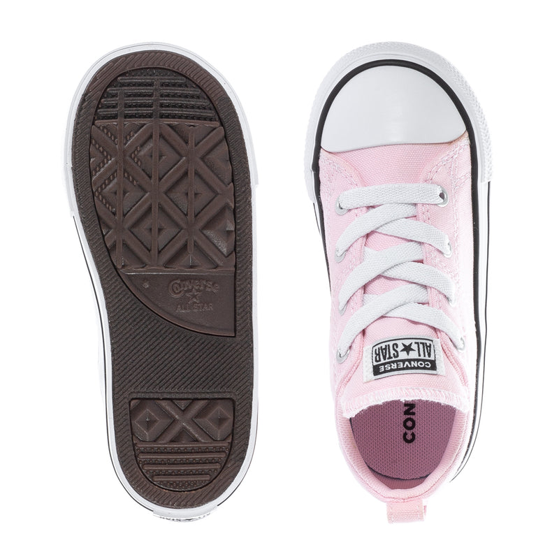 Pink toddler low-top sneakers: outsole tread and black-trimmed heel cap shown