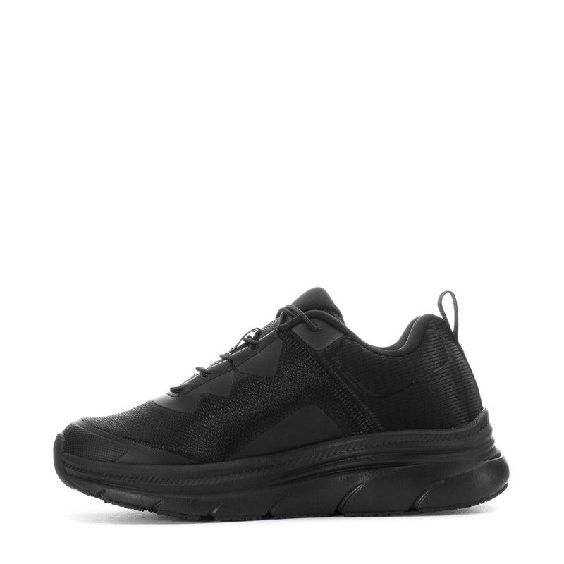 Women's slip-resistant black lace-up sneakers, side view, textured upper