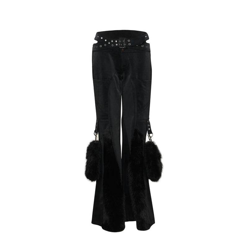 Black pants with fur accents on a white background