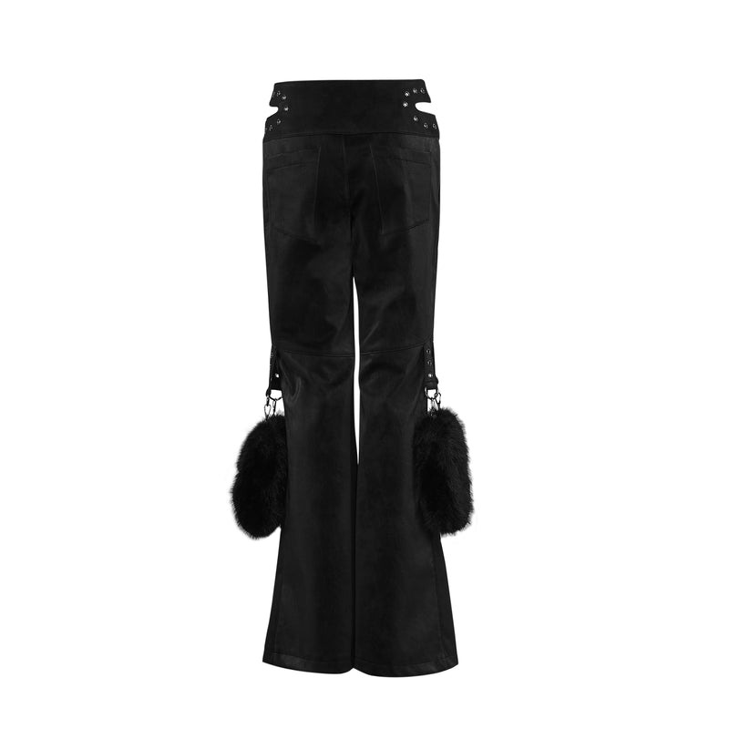 Black pants with fur accents on a white background
