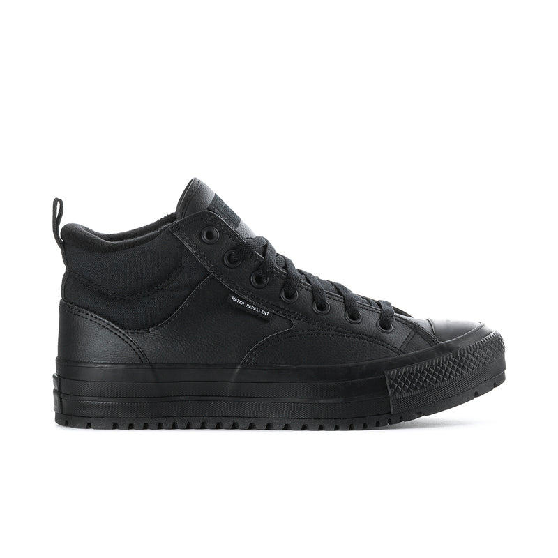 Black men’s high-top lace-up boot with padded collar and rubber toe bumper