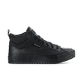 Black men’s high-top lace-up boot with padded collar and rubber toe bumper