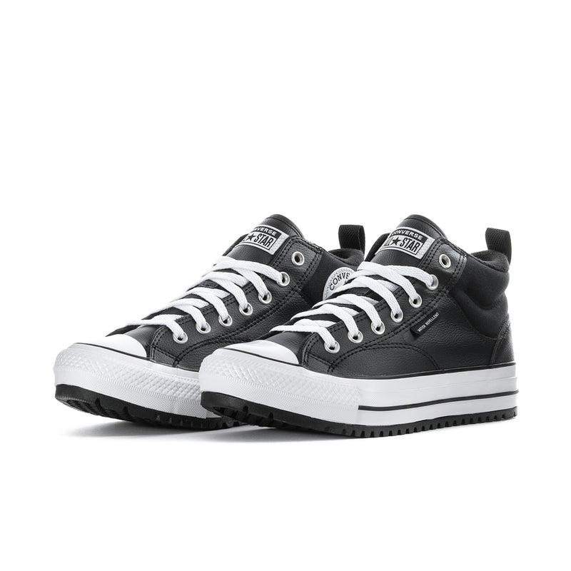 Men's black high-top boots with white laces and chunky tread sole