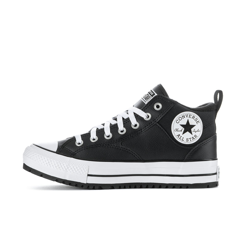 Men's black high-top boot with white laces, side logo patch and white sole