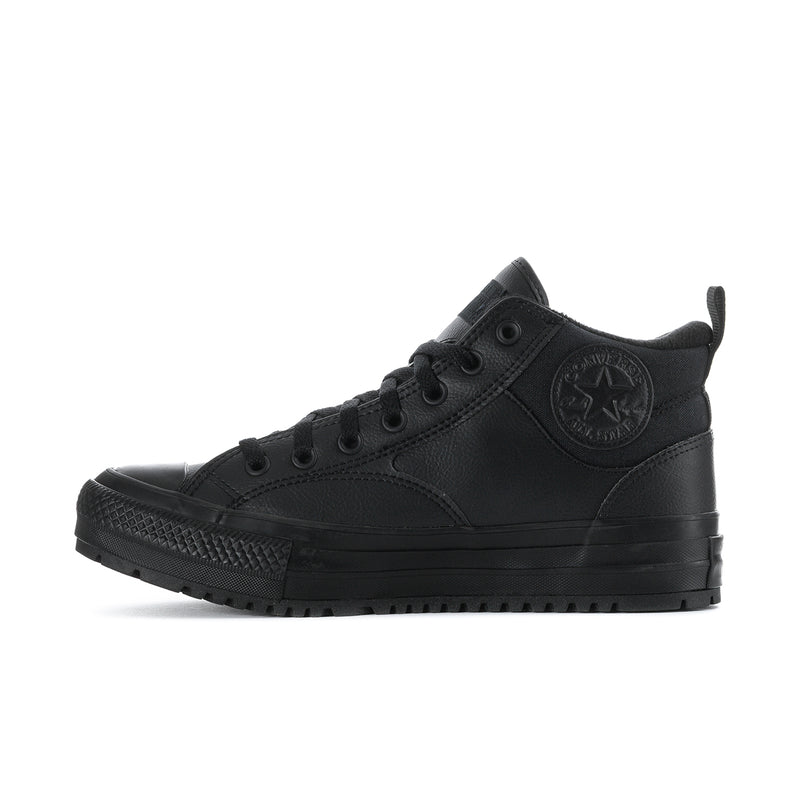 Black high-top lace-up boot with side emblem and lace-up eyelets