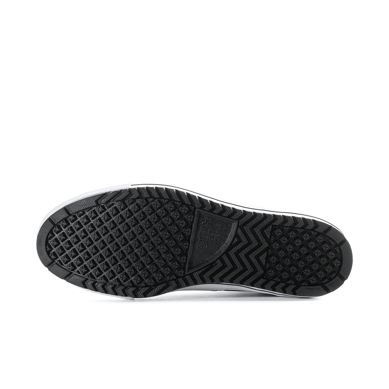 Men's black high-top boot outsole with textured traction tread pattern