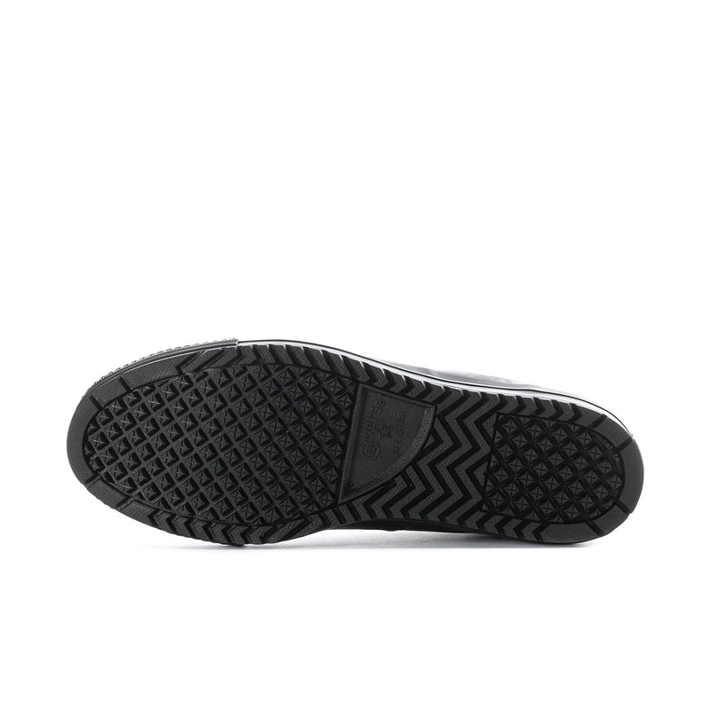 Black rubber outsole with deep tread pattern for traction
