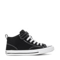 Kids black high-top sneakers with white laces and stitched details