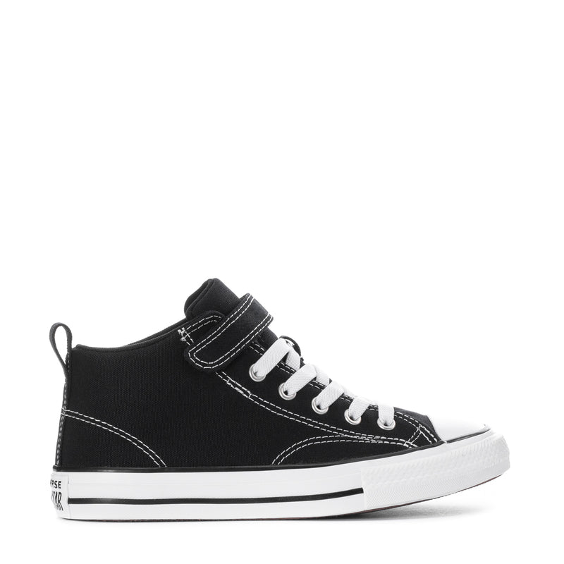 Kids black high-top sneakers with white laces and stitched details