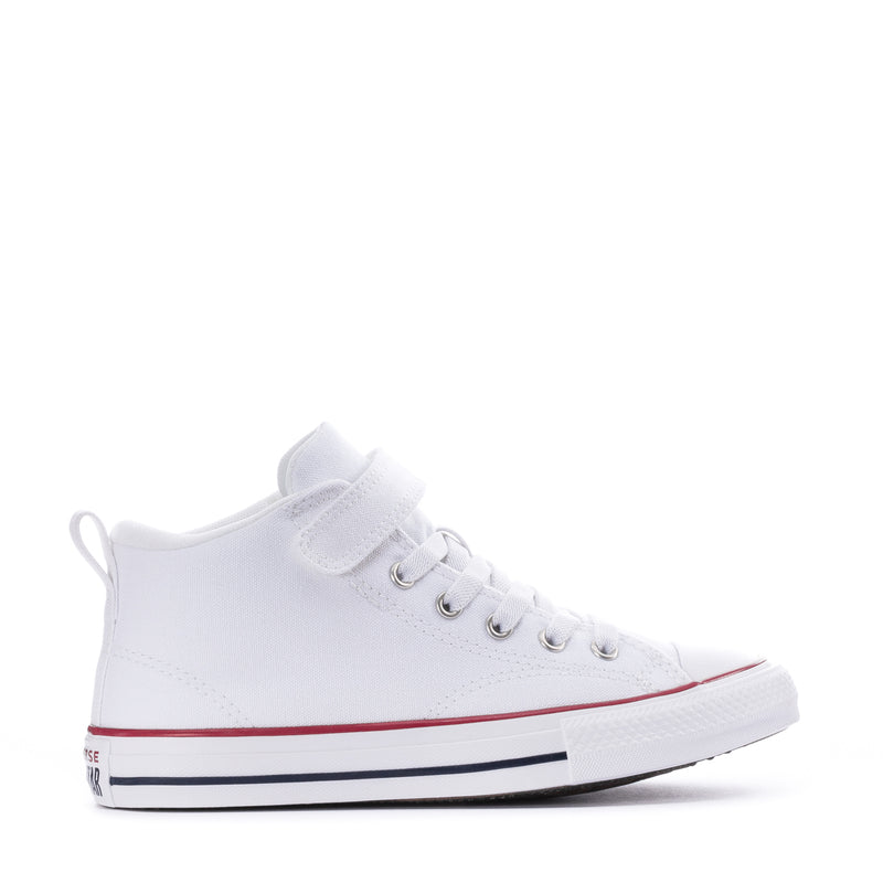 Kids white high-top sneakers with lace-up closure, metal eyelets, and top strap