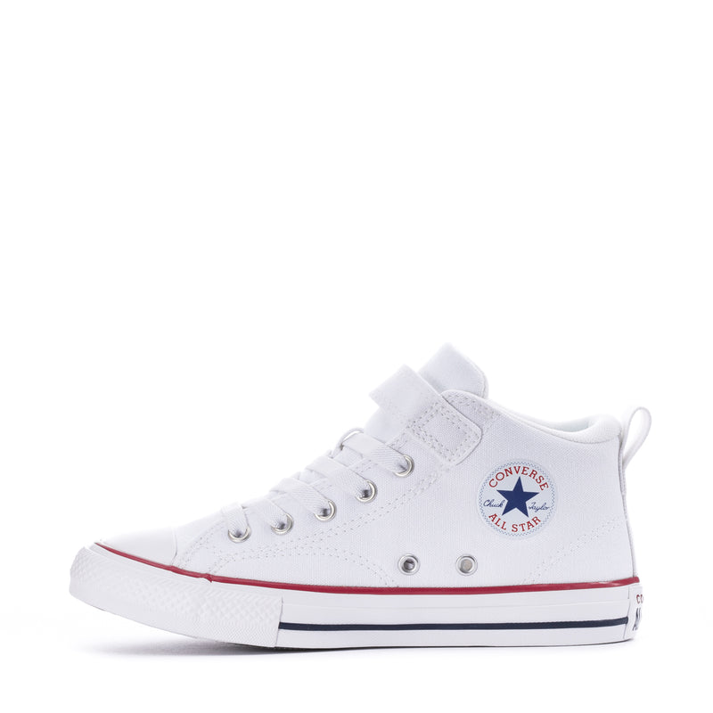 Kids white high-top sneakers with side All Star patch and red-and-navy striped sole