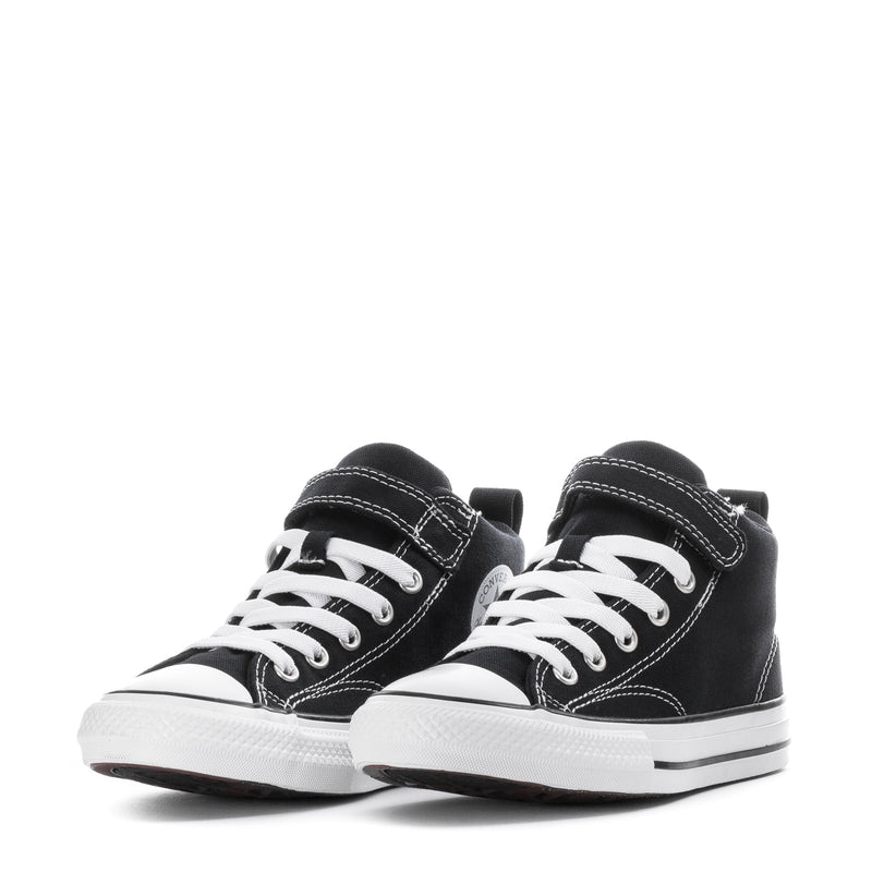 Kids black high-top sneakers, pair view, white laces and stitching