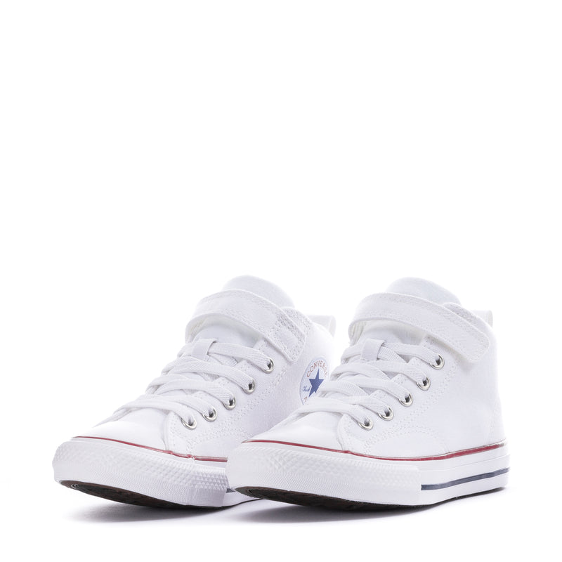 Kids white high-top sneakers pair with lace-up closure and rubber toe cap