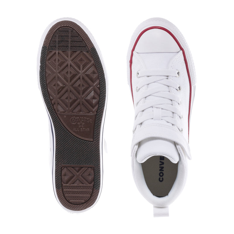 Kids white high-top sneakers with outsole tread and Converse All Star heel accent