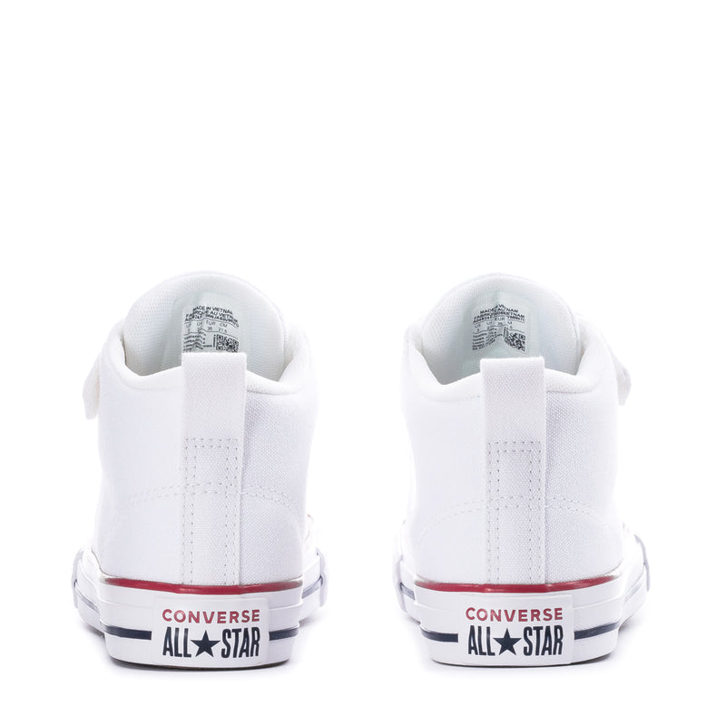 Kids white high-top sneakers heel view with Converse All Star patch and red trim