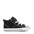 Toddler black high-top sneakers with white stitching, strap closure, and lace-up front.