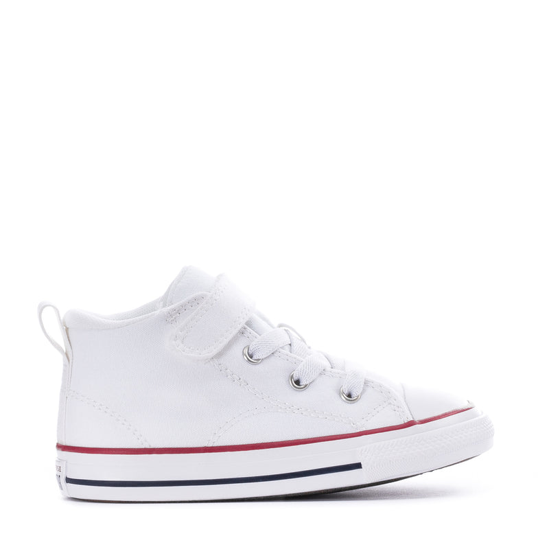 Toddler white high-top sneakers with red/blue side stripe, lace-up and strap